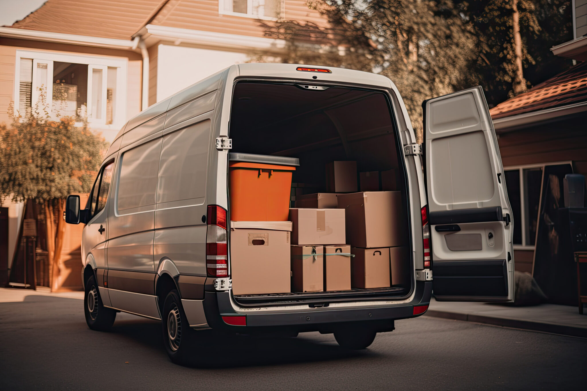 Open cargo van with cardboard boxes, moving into new house. Mover company service. Created with Generative AI